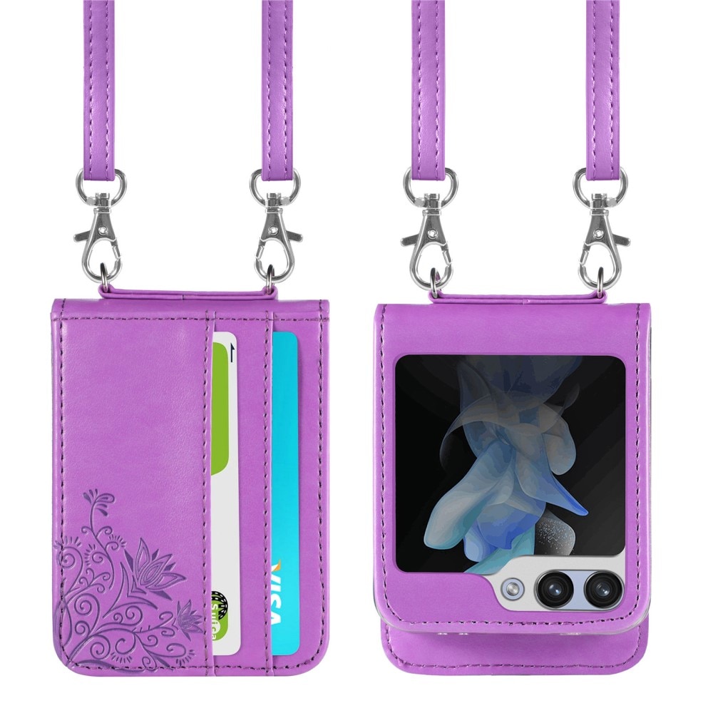 Samsung Galaxy Z Flip 5 Leather Cover Imprinted Butterflies Purple