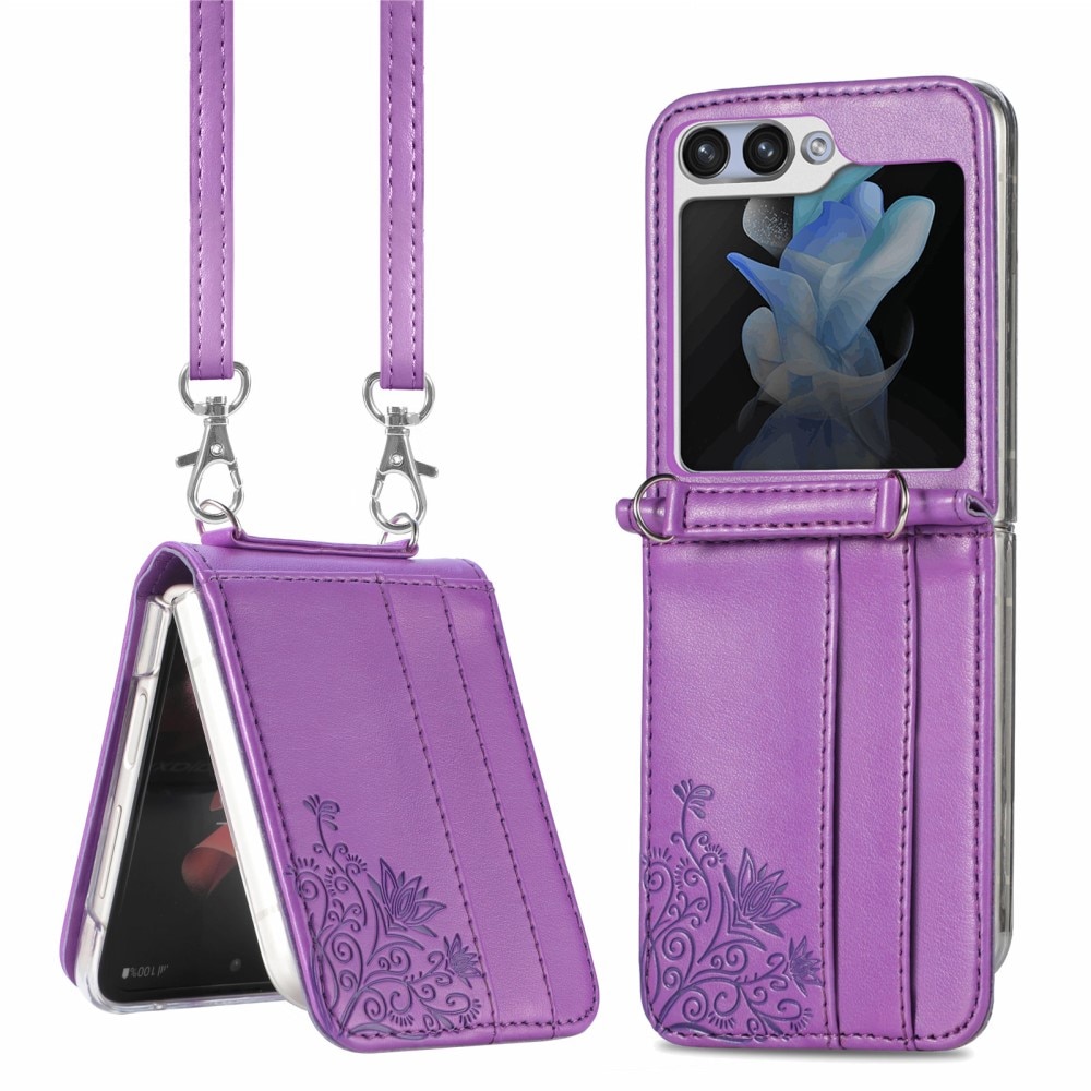 Samsung Galaxy Z Flip 5 Leather Cover Imprinted Butterflies Purple