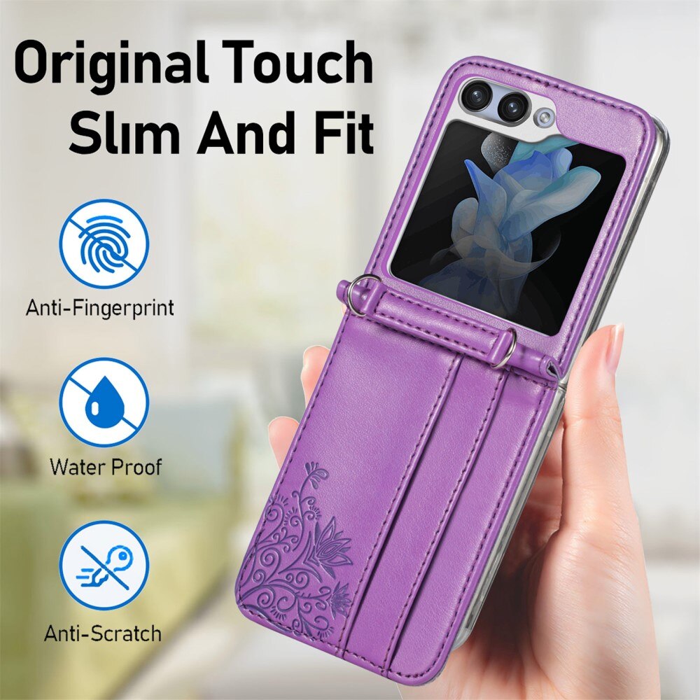 Samsung Galaxy Z Flip 5 Leather Cover Imprinted Butterflies Purple