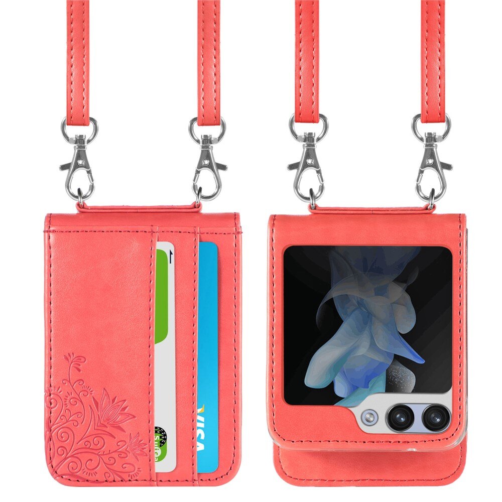 Samsung Galaxy Z Flip 5 Leather Cover Imprinted Butterflies Red