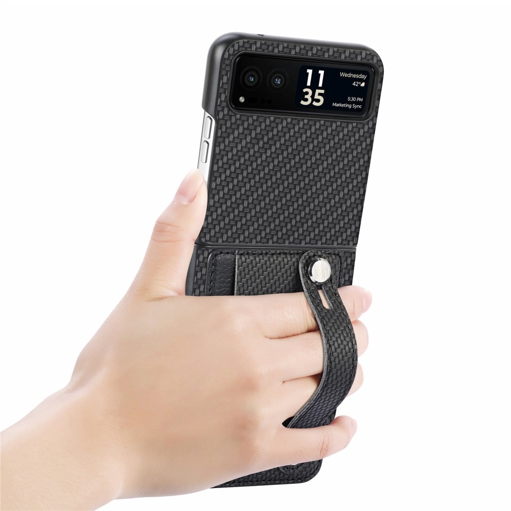 Motorola Razr 40 Leather Case Card Slot + Finger Strap Black