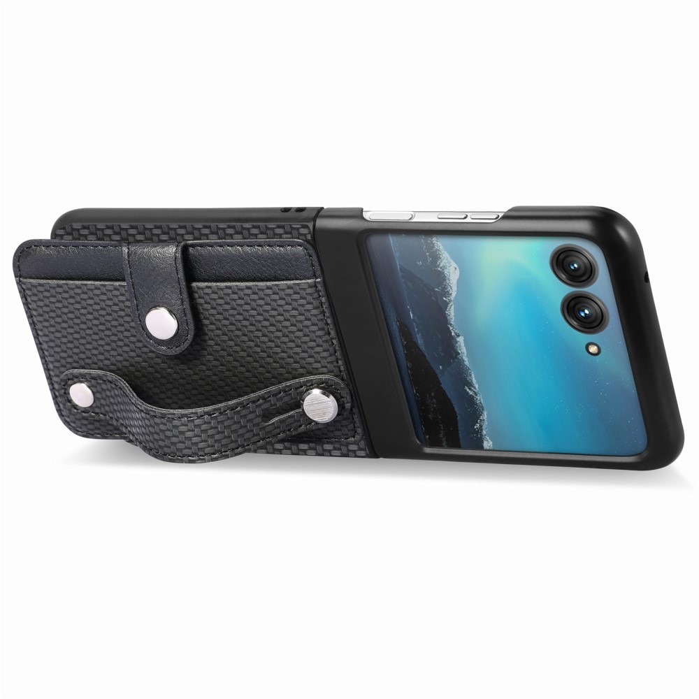 Motorola Razr 40 Ultra Leather Case Card Slot + Finger Strap Black
