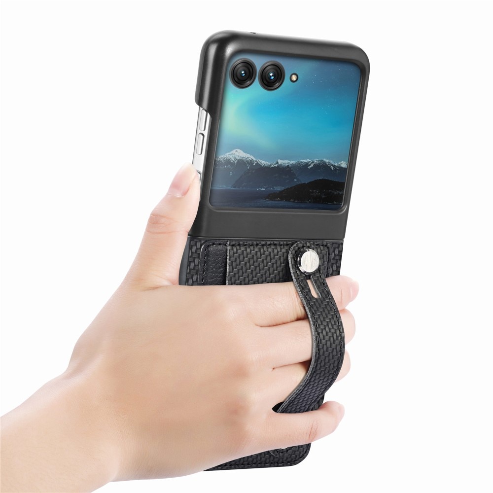 Motorola Razr 40 Ultra Leather Case Card Slot + Finger Strap Black