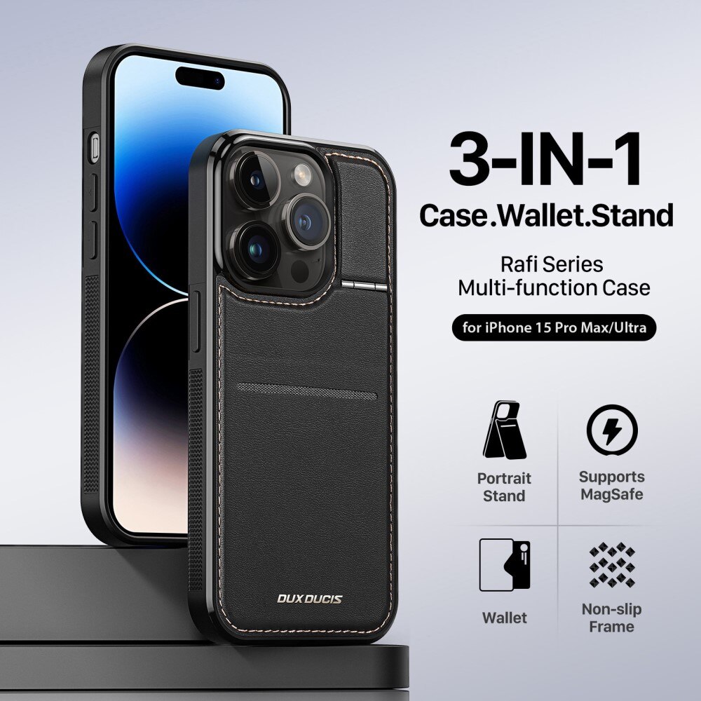 iPhone 15 Pro Max Rafi Series RFID MagSafe Wallet Stand Case Black