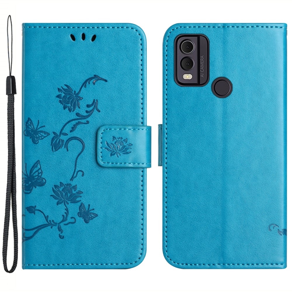 Nokia C32 Leather Cover Imprinted Butterflies Blue