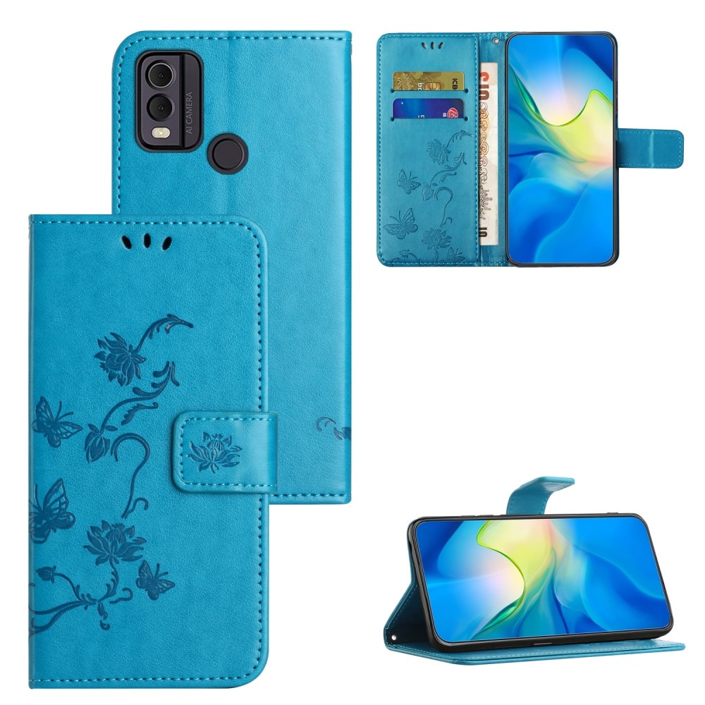 Nokia C32 Leather Cover Imprinted Butterflies Blue