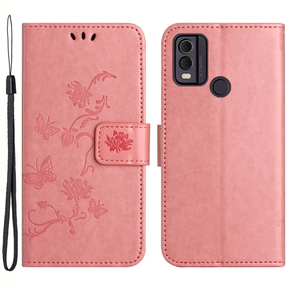 Nokia C22 Leather Cover Imprinted Butterflies Pink