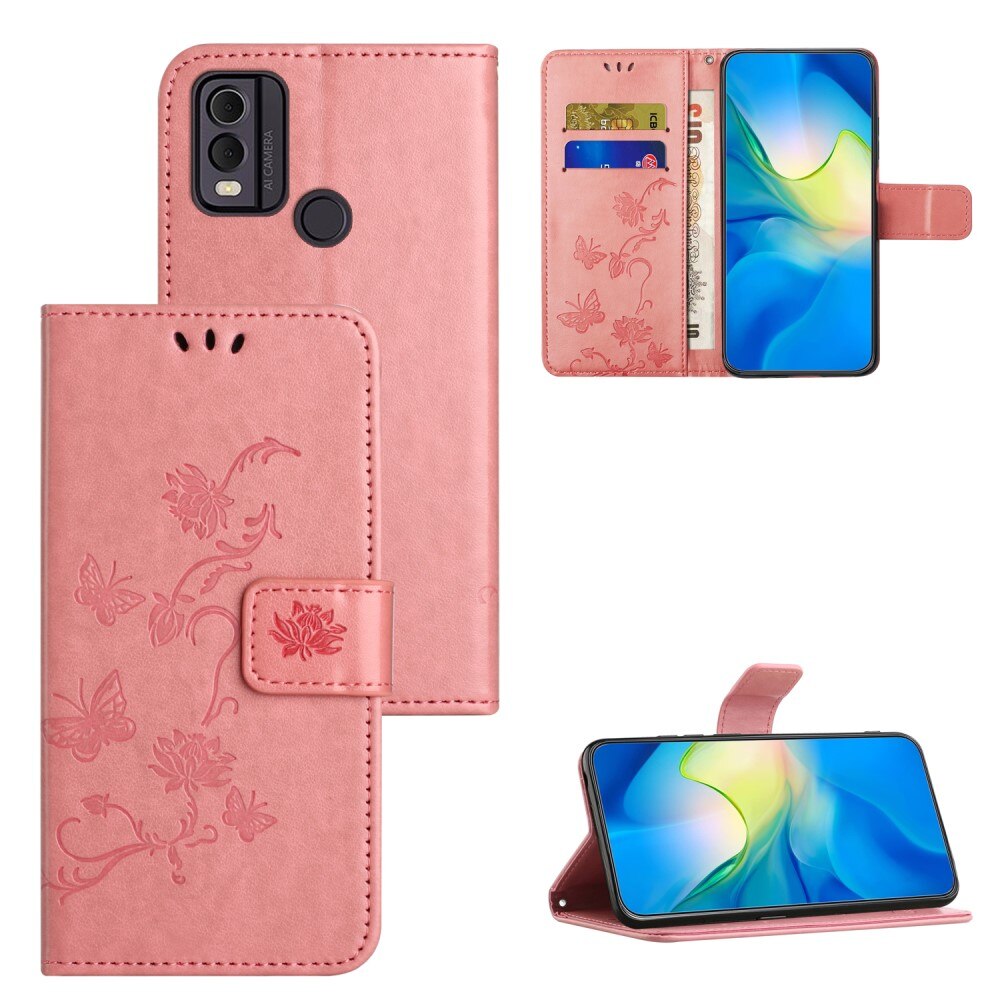 Nokia C22 Leather Cover Imprinted Butterflies Pink