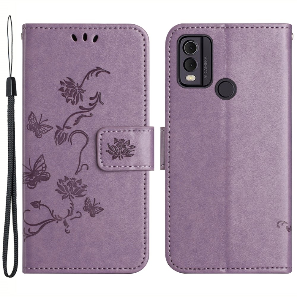  Nokia C32 Leather Cover Imprinted Butterflies Purple