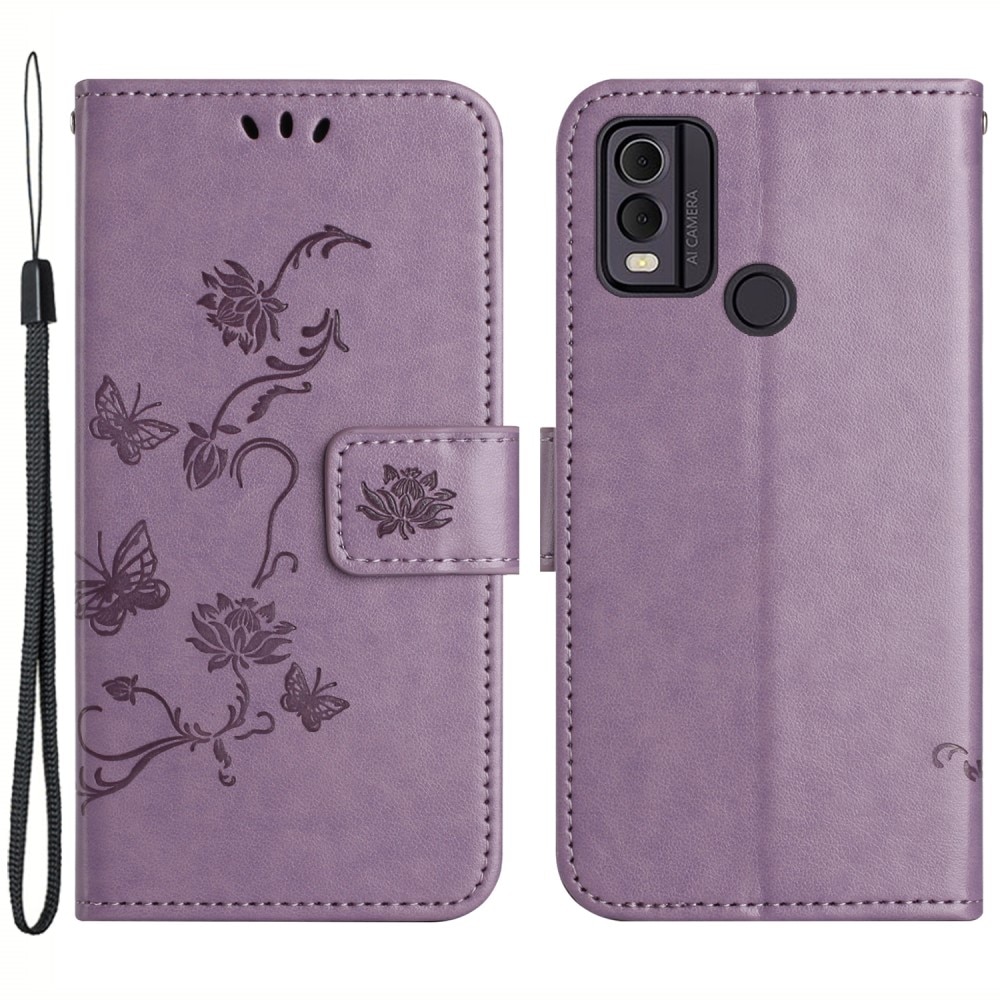 Nokia C32 Leather Cover Imprinted Butterflies Purple