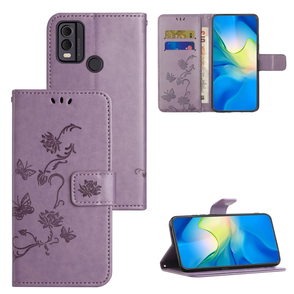 Nokia C22 Leather Cover Imprinted Butterflies Purple