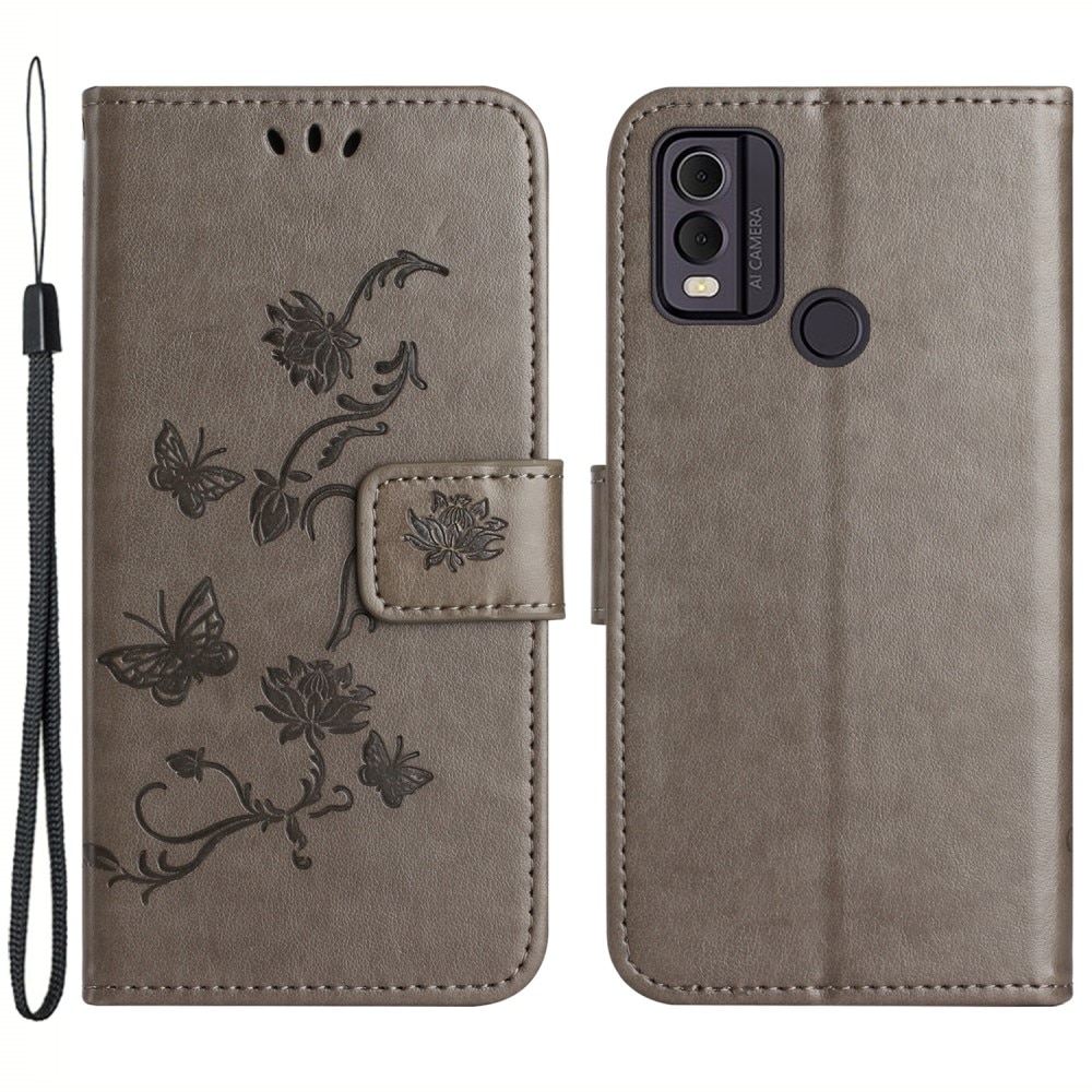 Nokia C22 Leather Cover Imprinted Butterflies Grey