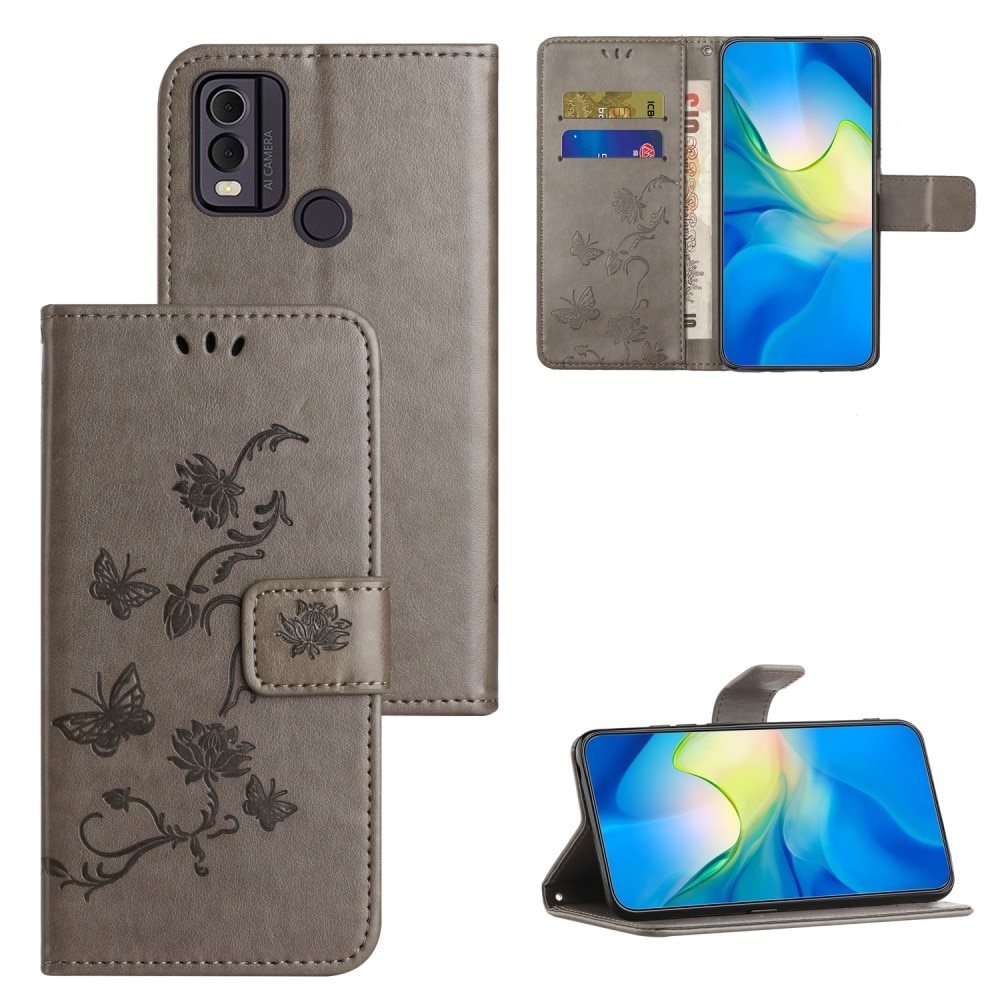 Nokia C22 Leather Cover Imprinted Butterflies Grey