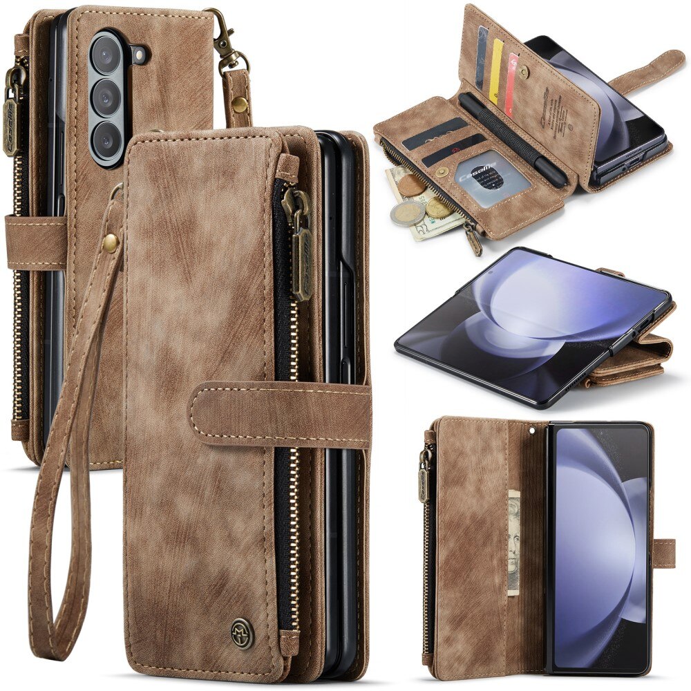 Samsung Galaxy Z Fold 5 Zipper Wallet Book Cover Brown