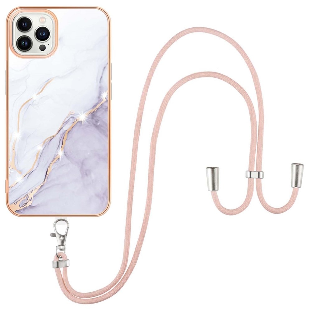 iPhone 15 Pro Max Cover Neck Strap White Marble