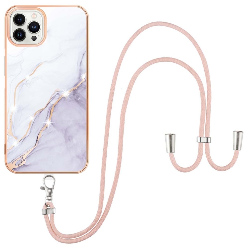 iPhone 15 Pro Cover Neck Strap White Marble