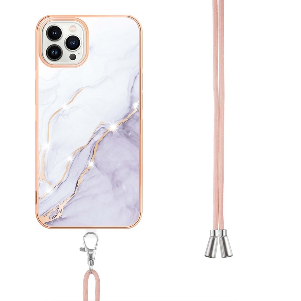 iPhone 15 Pro Cover Neck Strap White Marble