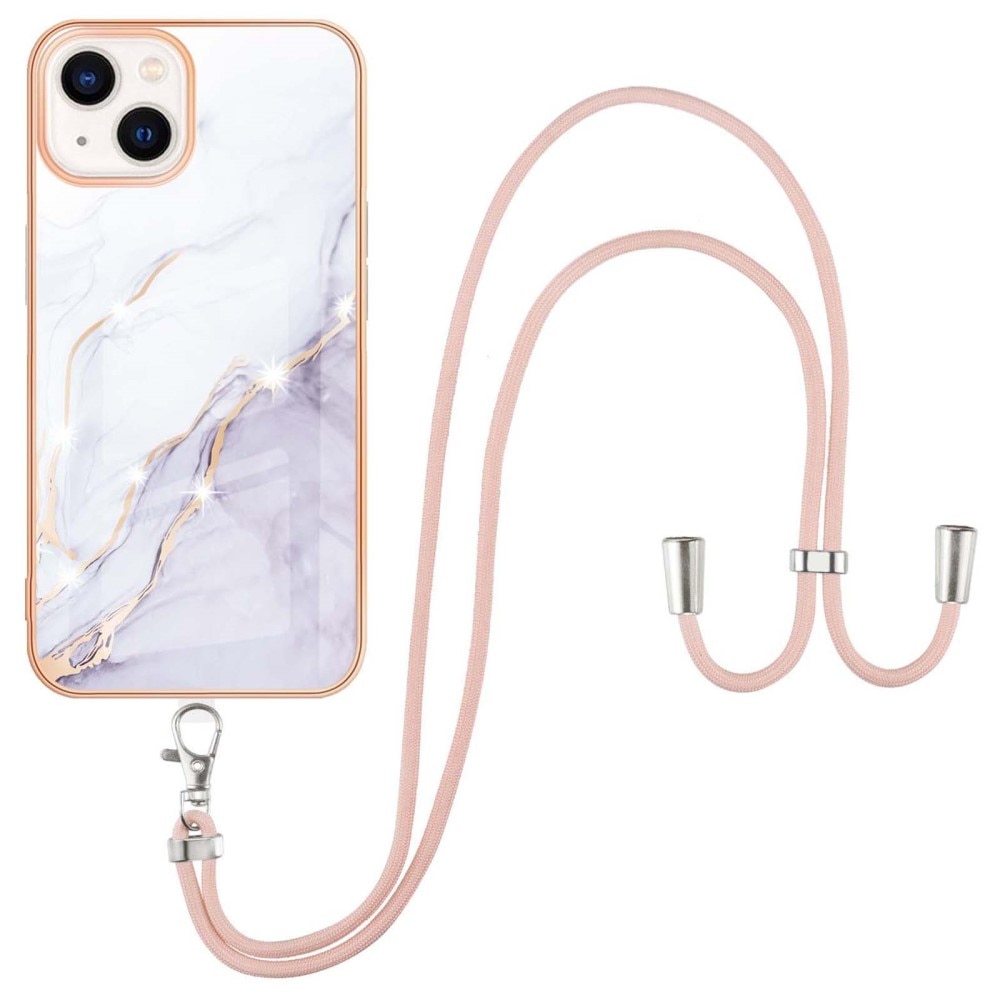 iPhone 15 Cover Neck Strap White Marble