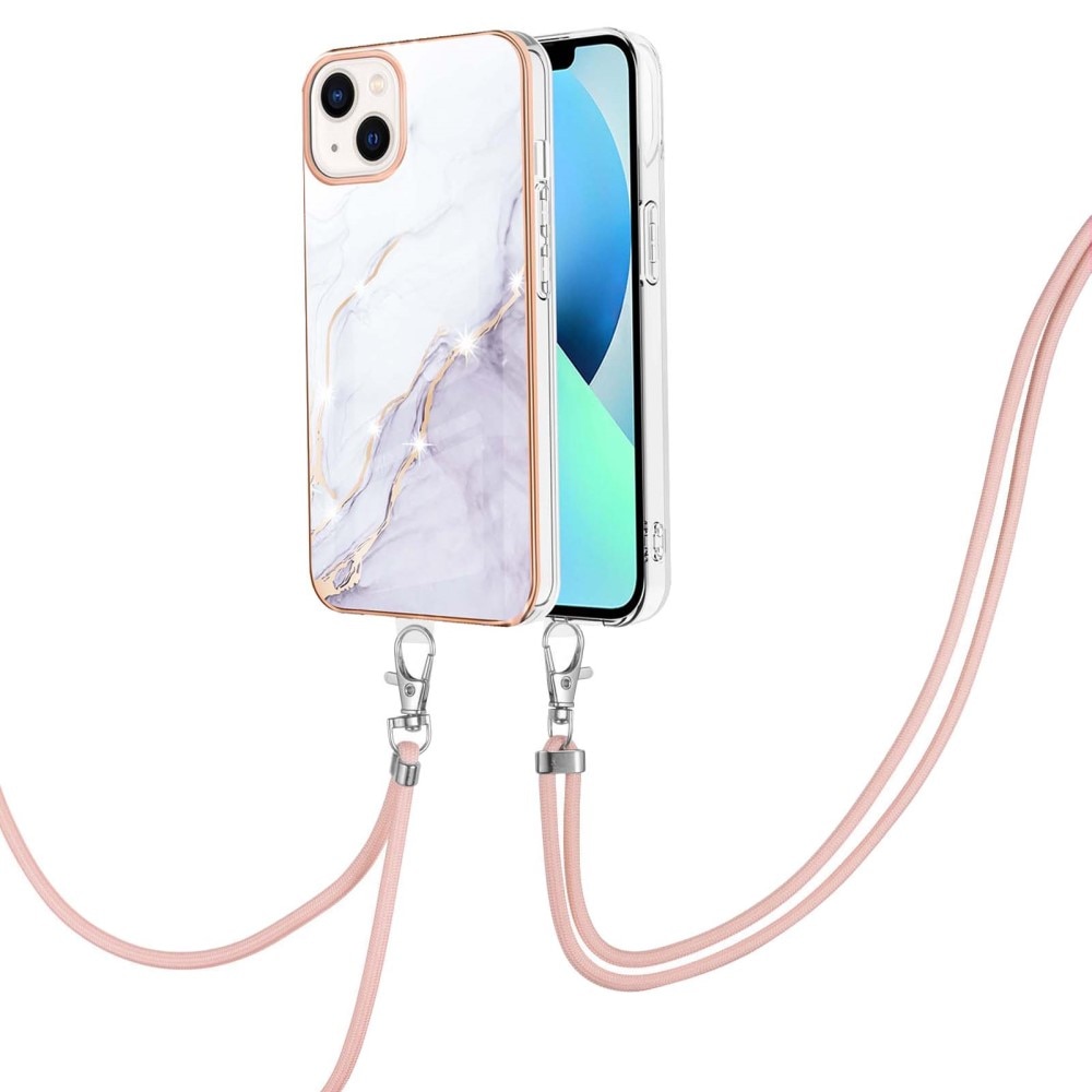 iPhone 15 Cover Neck Strap White Marble