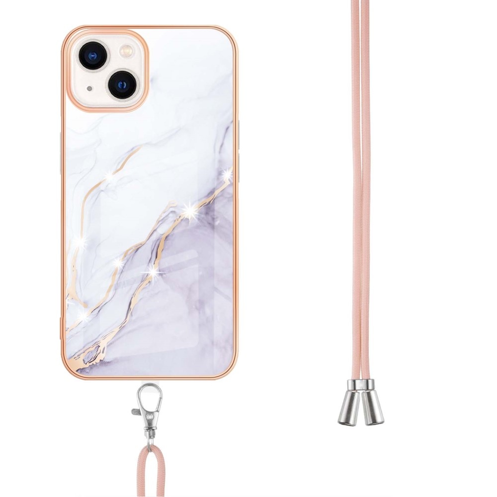 iPhone 15 Cover Neck Strap White Marble