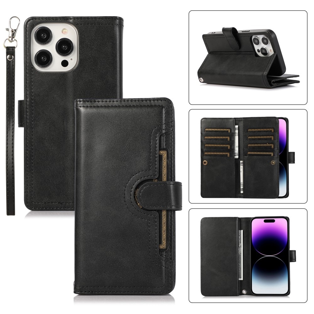 iPhone 15 Zipper Multi-slot Leather Cover Black