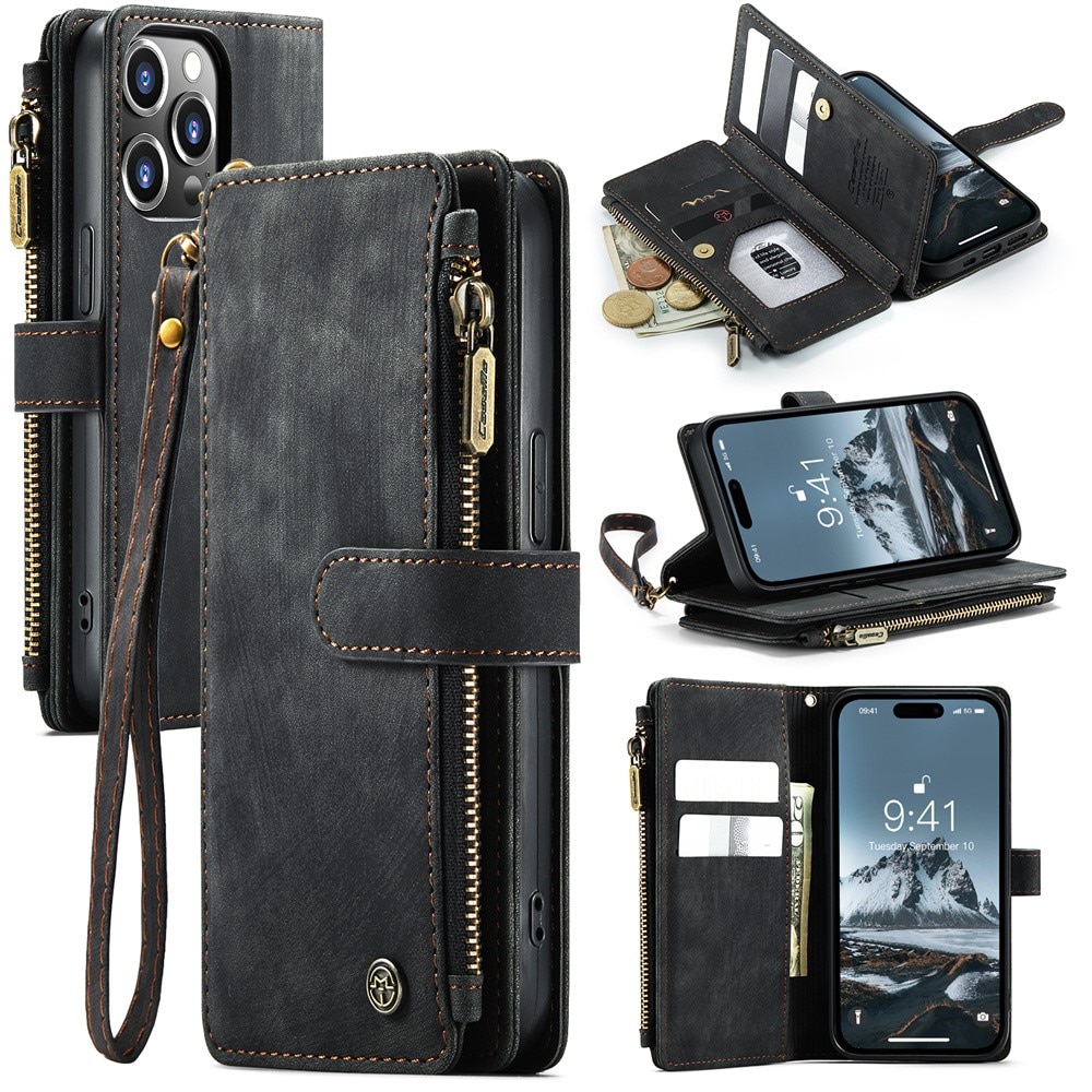 iPhone 15 Pro Max Zipper Wallet Book Cover Black