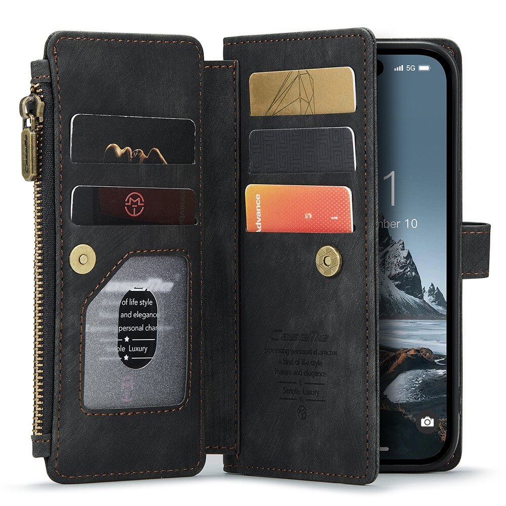 iPhone 15 Pro Max Zipper Wallet Book Cover Black