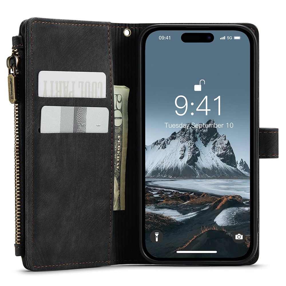 iPhone 15 Pro Max Zipper Wallet Book Cover Black