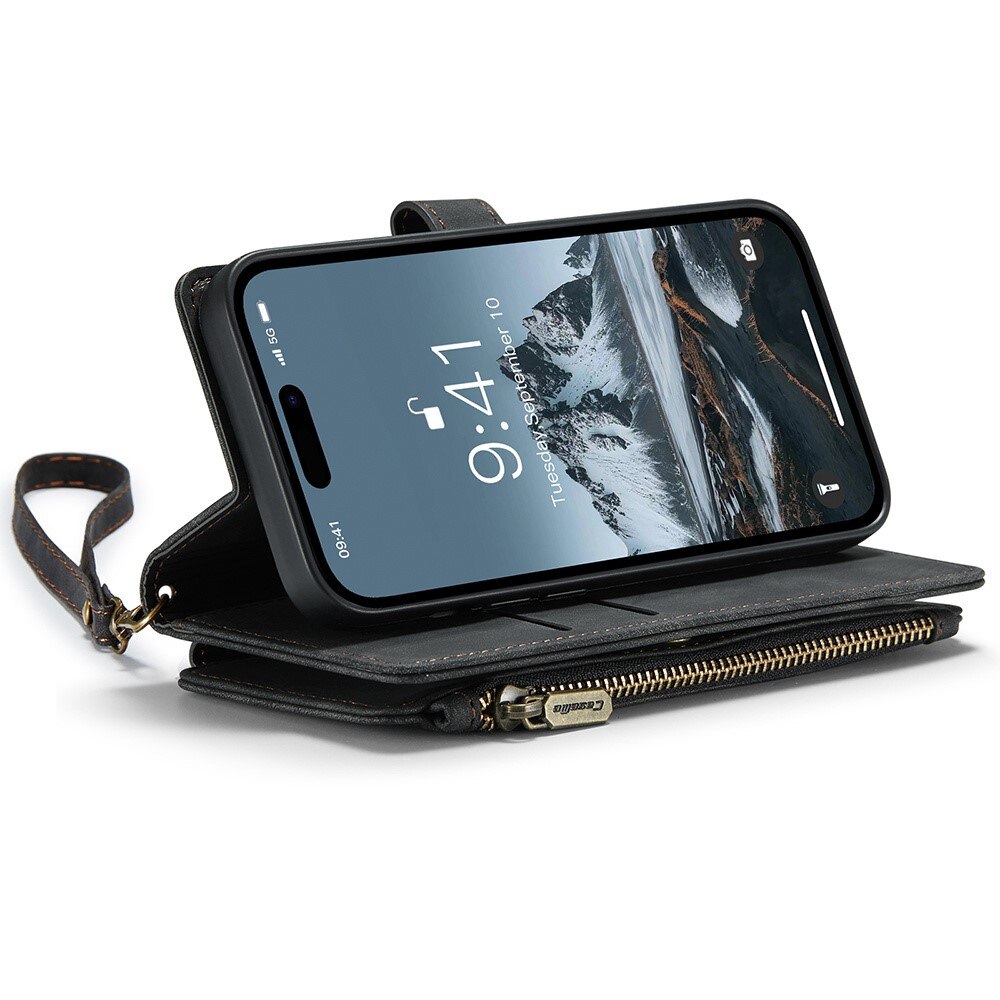 iPhone 15 Pro Max Zipper Wallet Book Cover Black