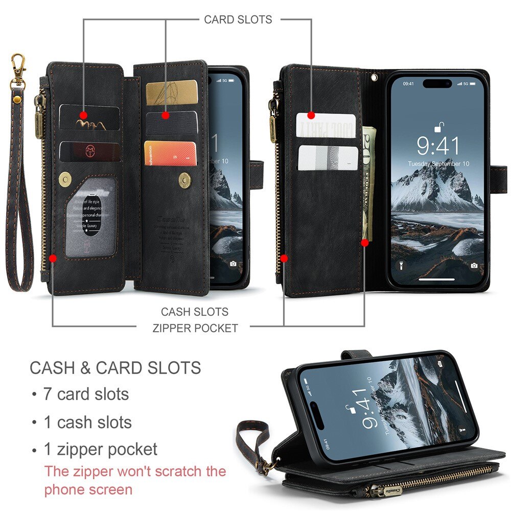 iPhone 15 Pro Max Zipper Wallet Book Cover Black