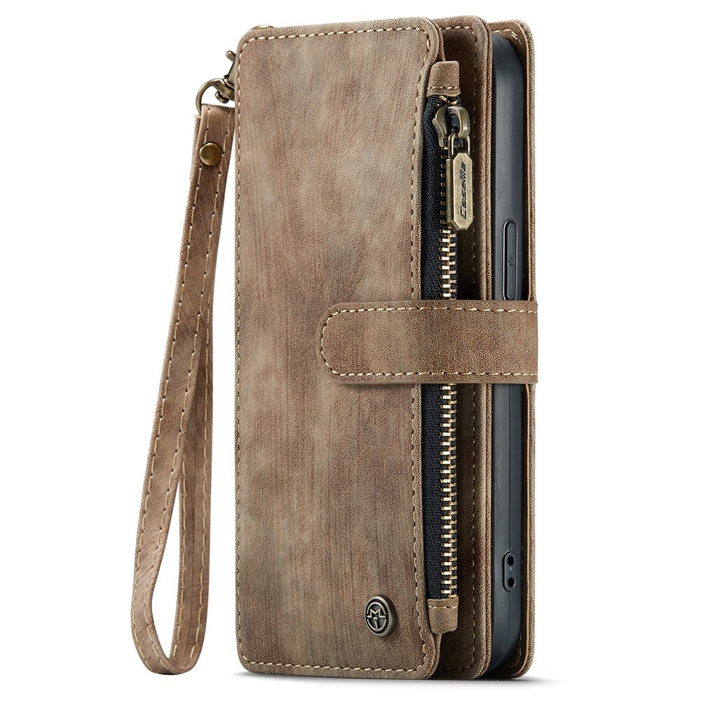 iPhone 15 Pro Max Zipper Wallet Book Cover Brown