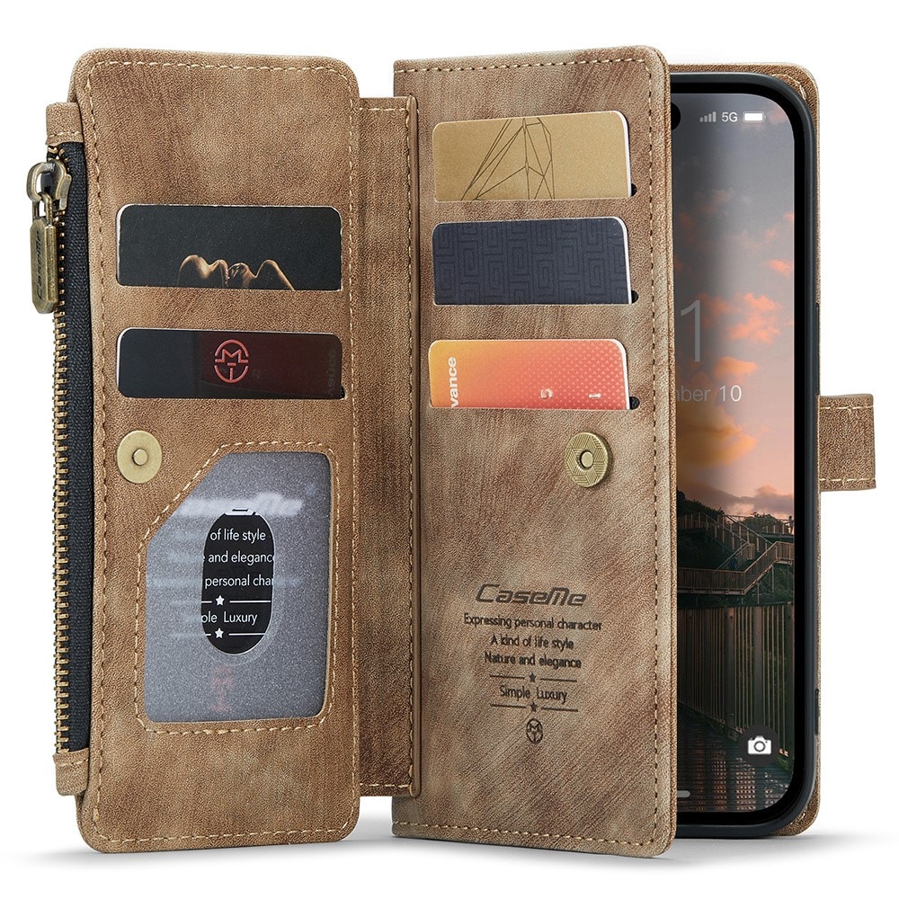 iPhone 15 Pro Max Zipper Wallet Book Cover Brown