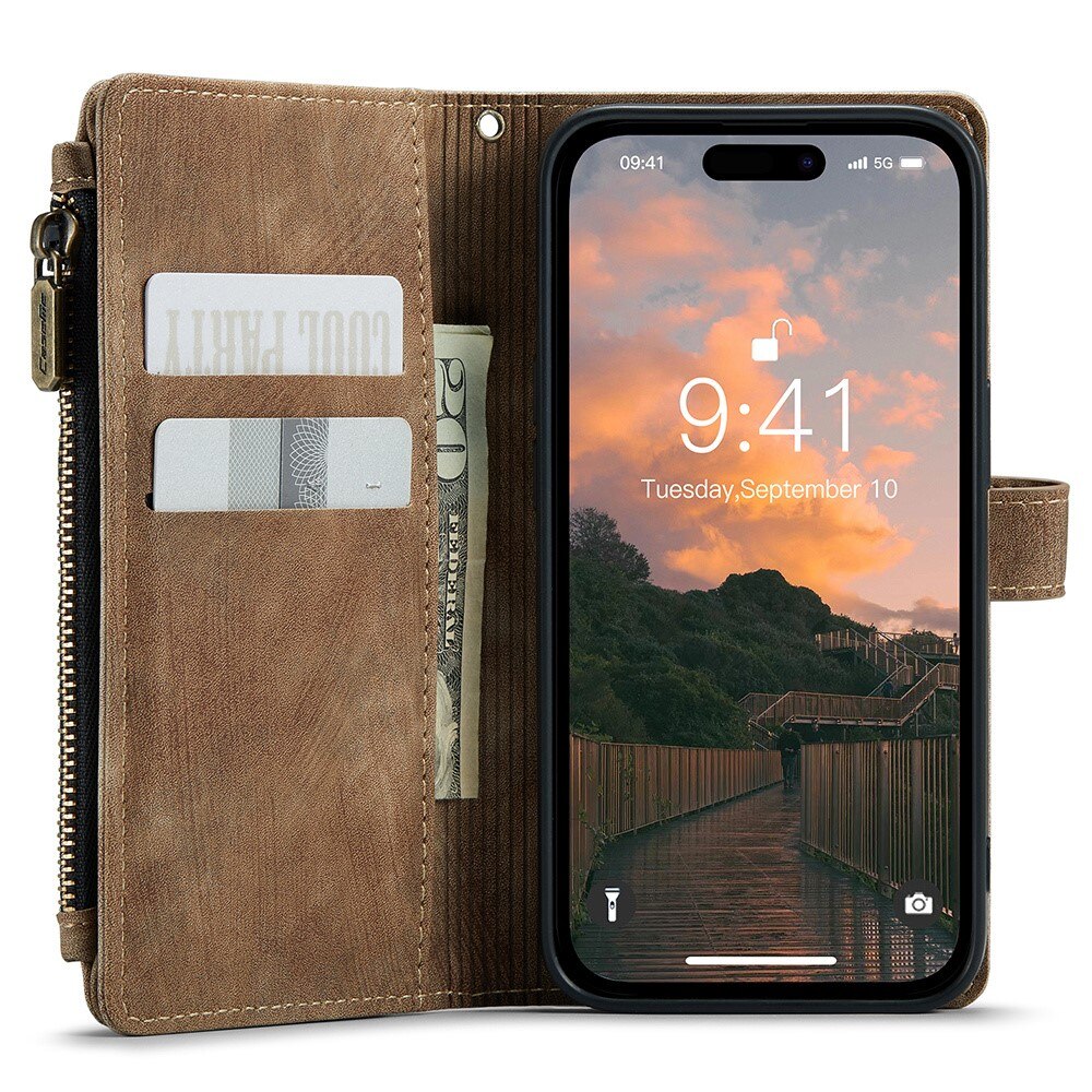 iPhone 15 Pro Max Zipper Wallet Book Cover Brown