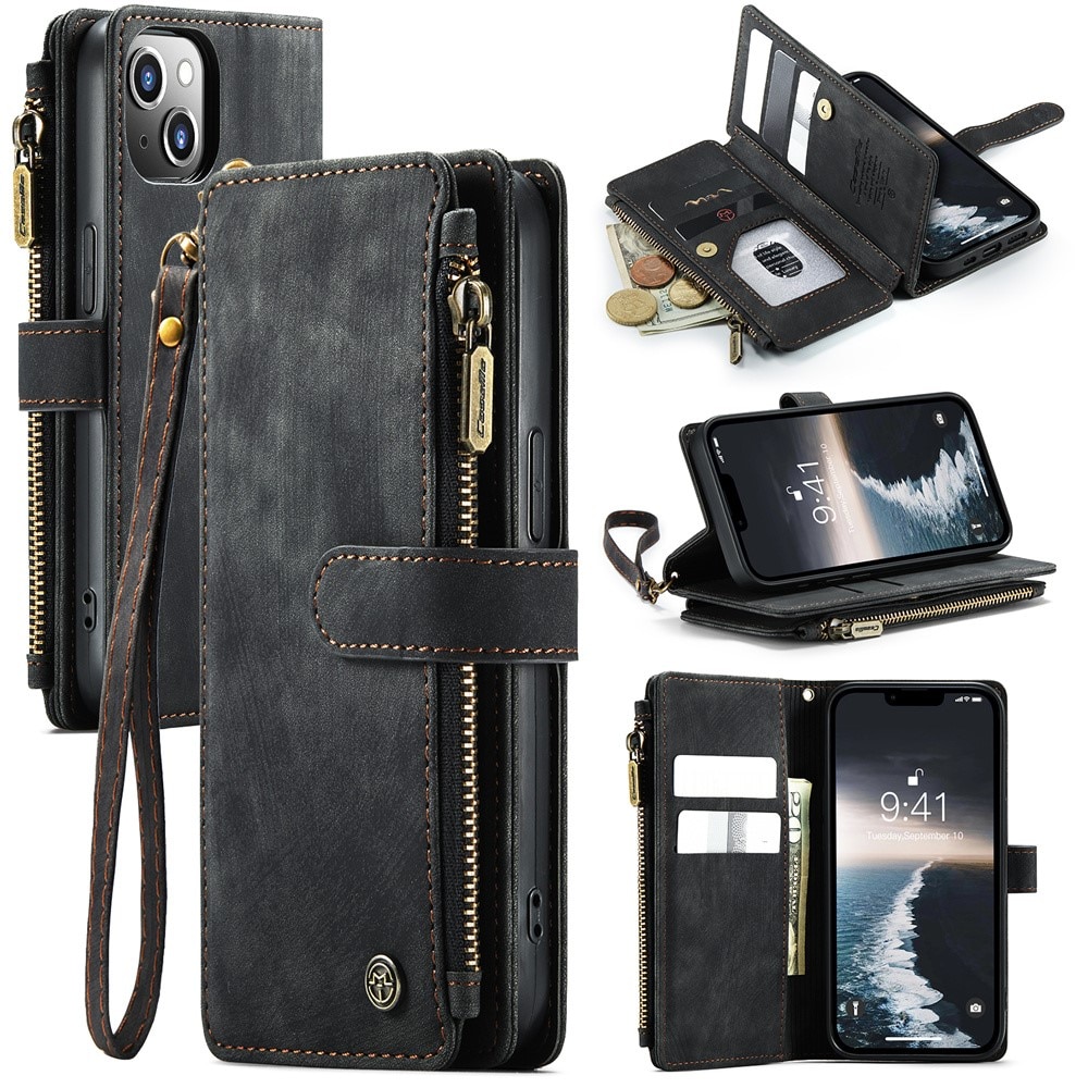 iPhone 15 Plus Zipper Wallet Book Cover Black