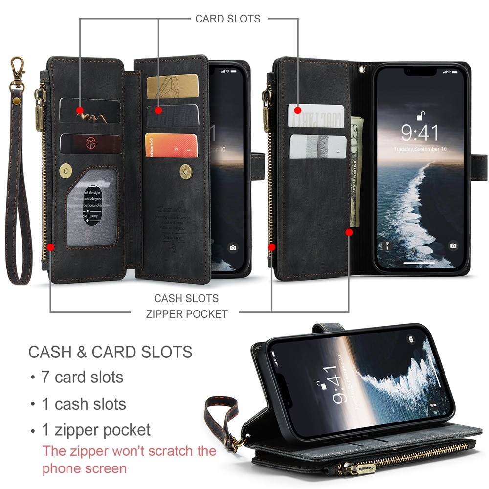 iPhone 15 Plus Zipper Wallet Book Cover Black