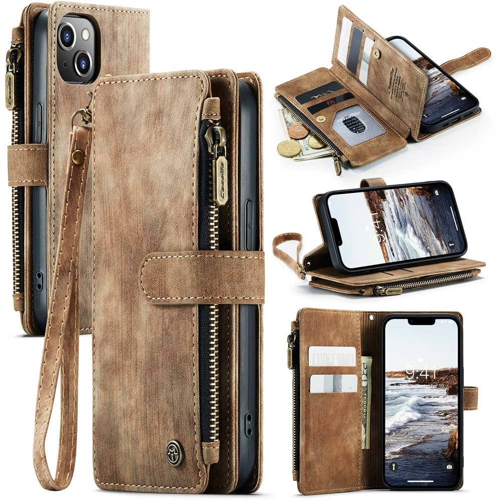 Apple iPhone 15 Plus Zipper Wallet Book Cover Brown