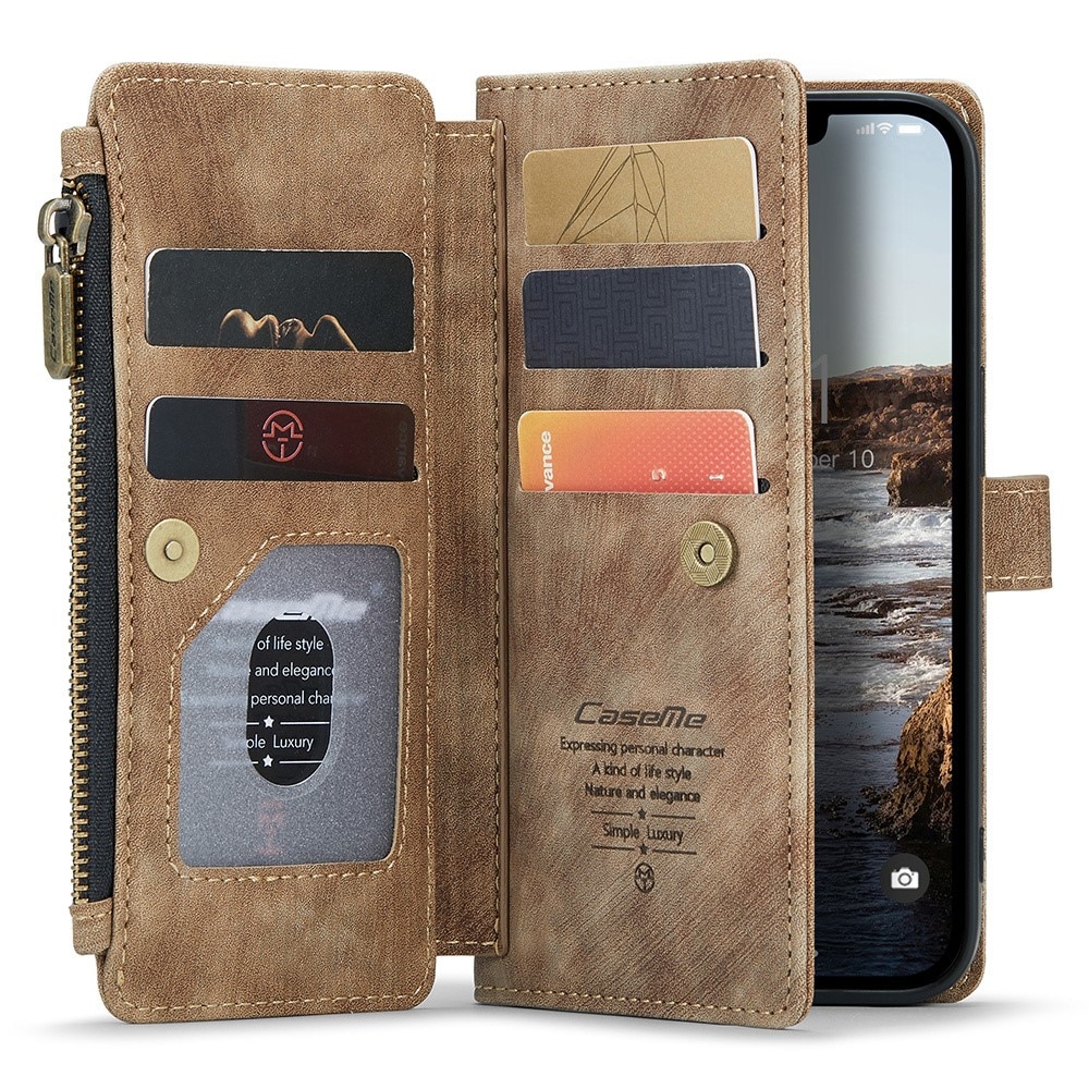 iPhone 15 Plus Zipper Wallet Book Cover Brown