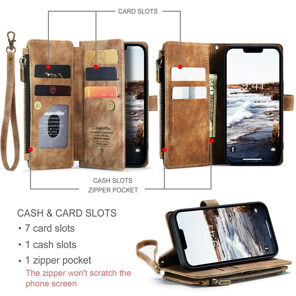 Apple iPhone 15 Plus Zipper Wallet Book Cover Brown