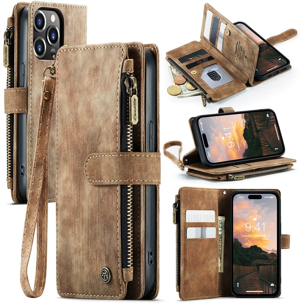 iPhone 15 Pro Zipper Wallet Book Cover Brown