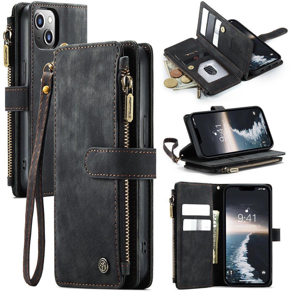 iPhone 15 Zipper Wallet Book Cover Black