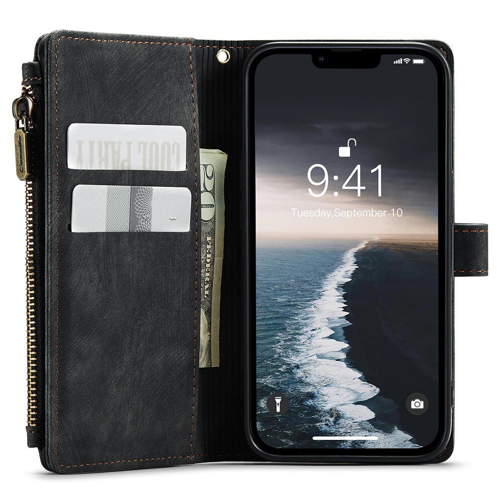 iPhone 15 Zipper Wallet Book Cover Black