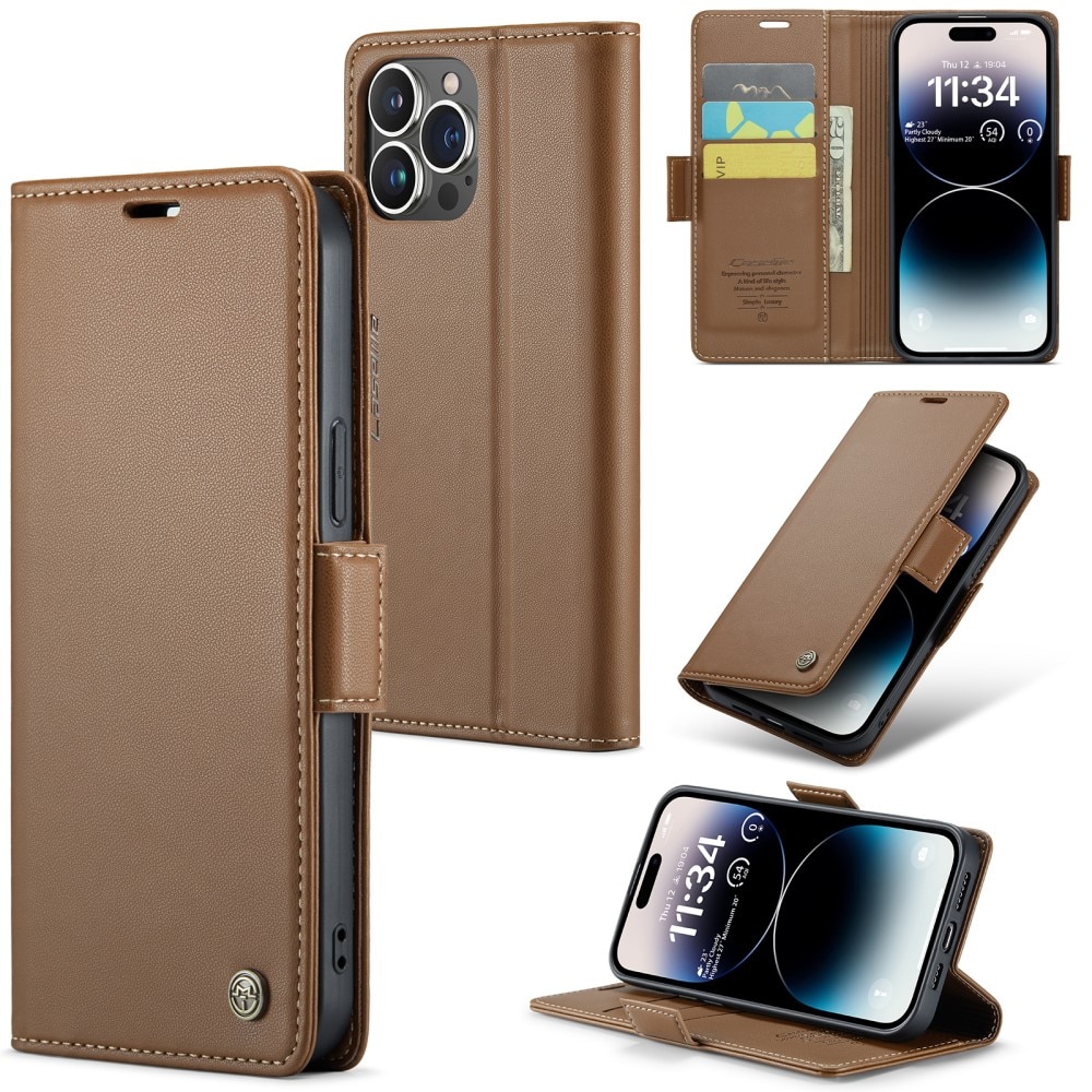 iPhone 15 Pro RFID blocking Slim Wallet Case Brown