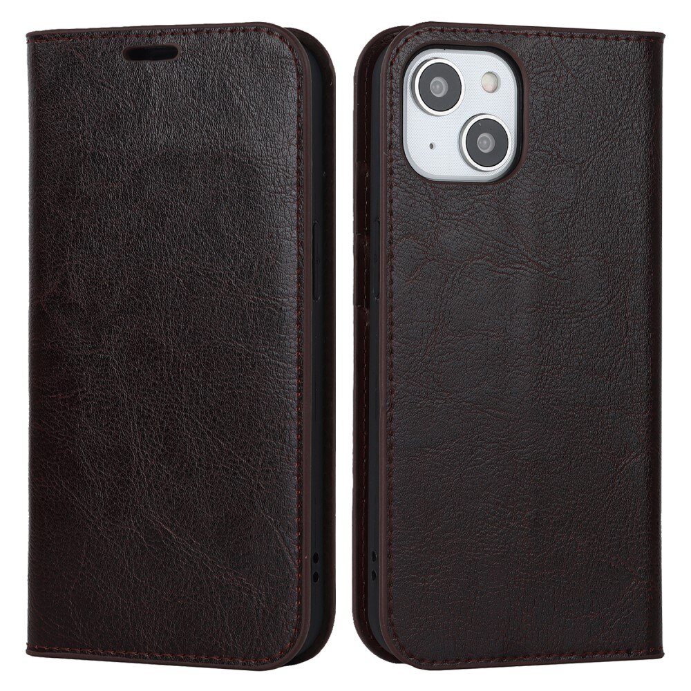 iPhone 15 Plus Genuine Leather Wallet Case Dark Brown