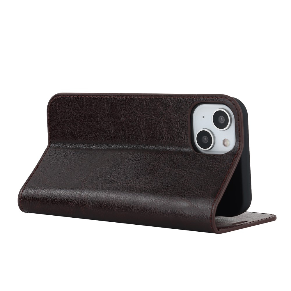 iPhone 15 Plus Genuine Leather Wallet Case Dark Brown