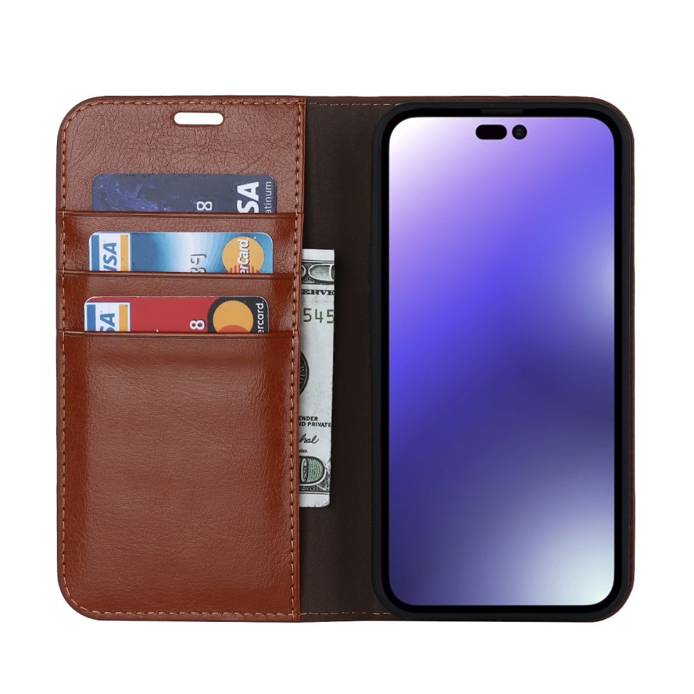 iPhone 15 Pro Genuine Leather Wallet Case Brown