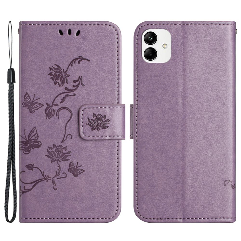 Motorola Moto G14 Leather Cover Imprinted Butterflies Purple