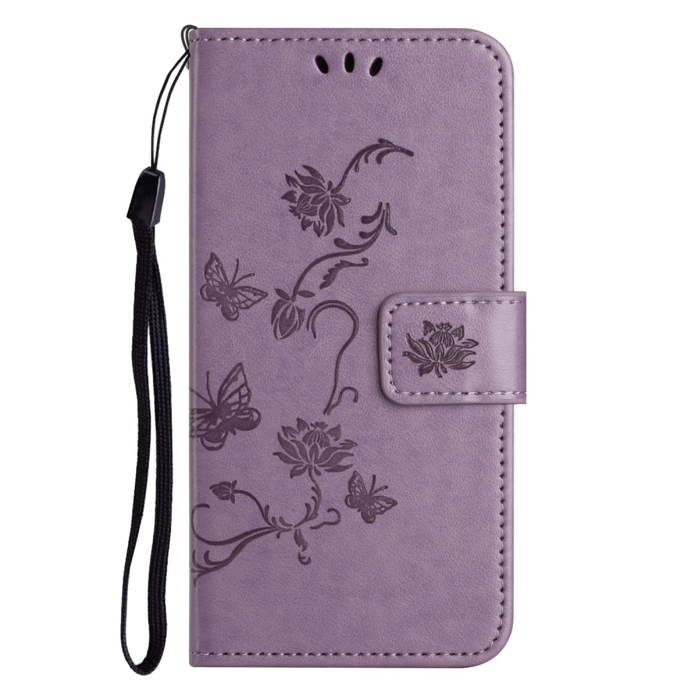 Motorola Moto G14 Leather Cover Imprinted Butterflies Purple