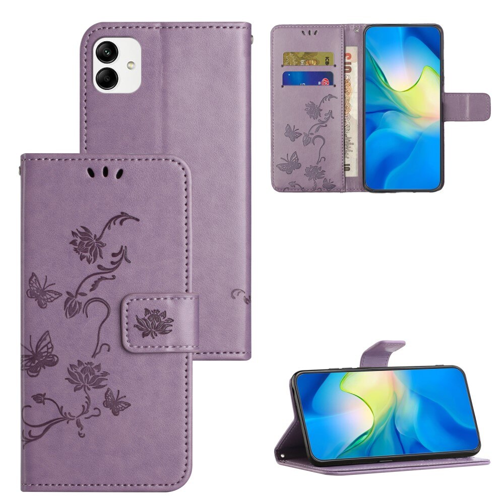 Motorola Moto G14 Leather Cover Imprinted Butterflies Purple