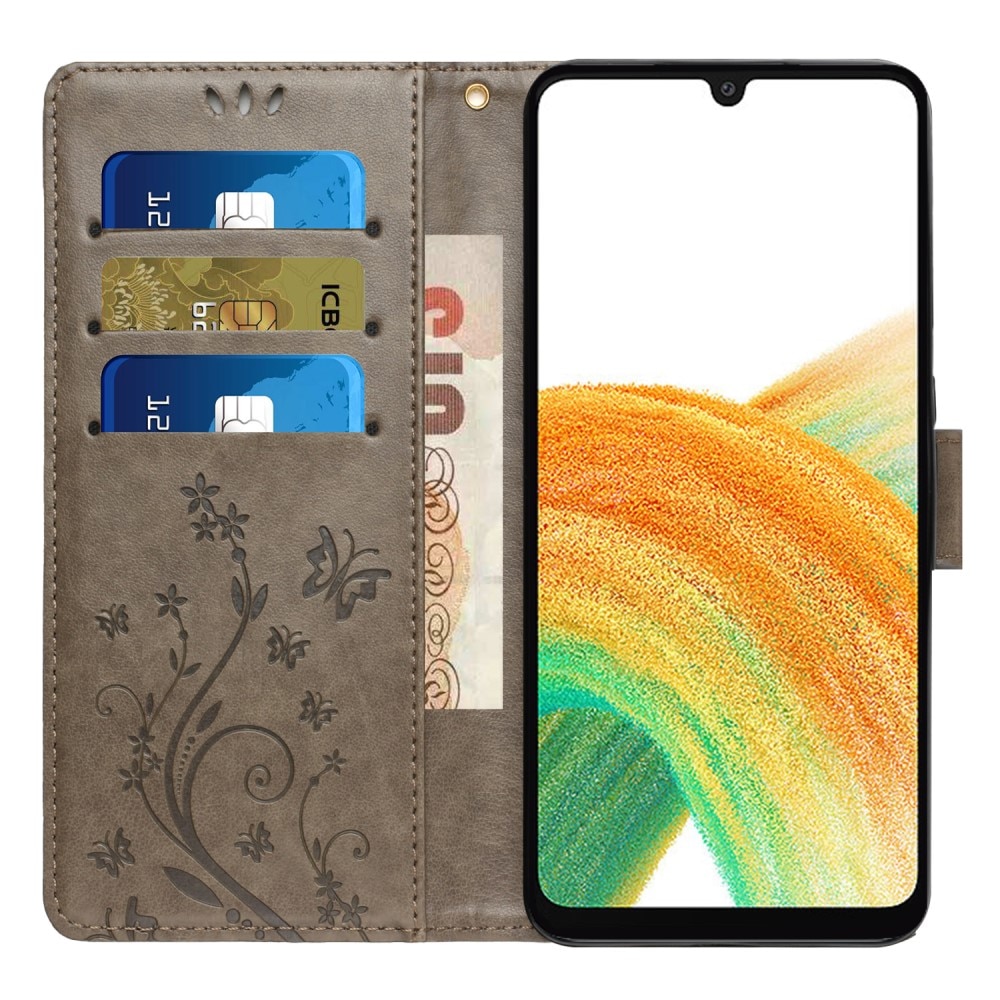 Samsung Galaxy A25 Leather Cover Imprinted Butterflies Grey