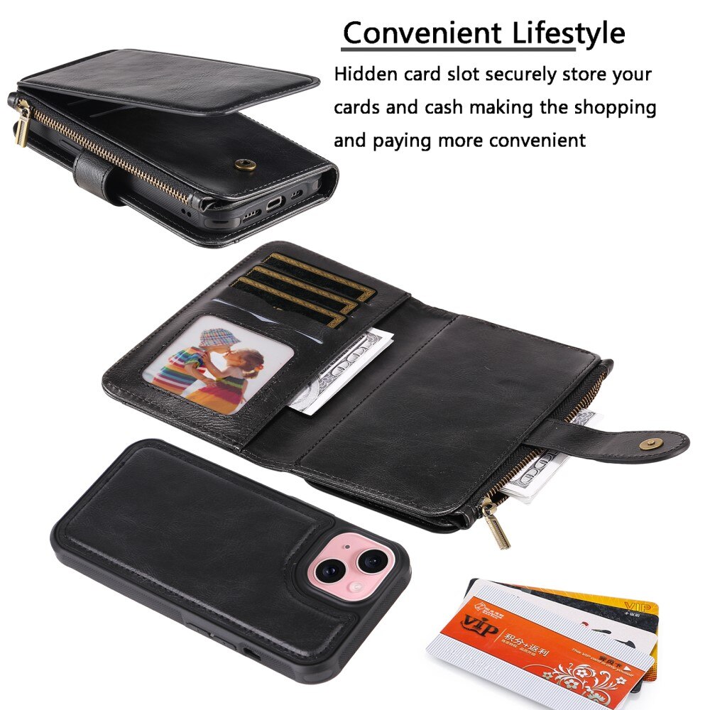 iPhone 15 Magnet Leather Multi Wallet Black